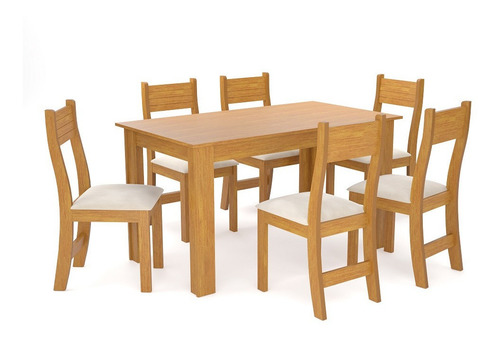Conjunto Mesa 136cm E 6 Cadeira Gaia Viero Cor Mel/veludo Pastel Desenho Do Tecido Das Cadeiras Liso