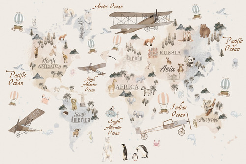 Imagen 2 de 2 de Vinilos Decorativos Mural Infantil Mapa Animales Beige Avion