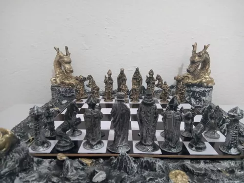 Jogo de xadrez medieval bruxo resina tabuleiro madeira