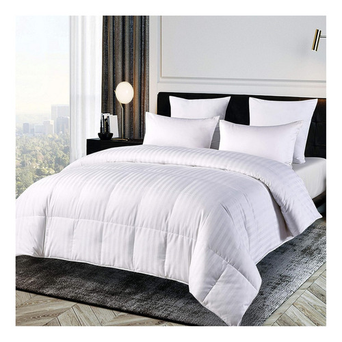 Plumón King Blanco Quilt 100% Fibra Siliconada + 2 Fundas Diseño de la tela Rayado