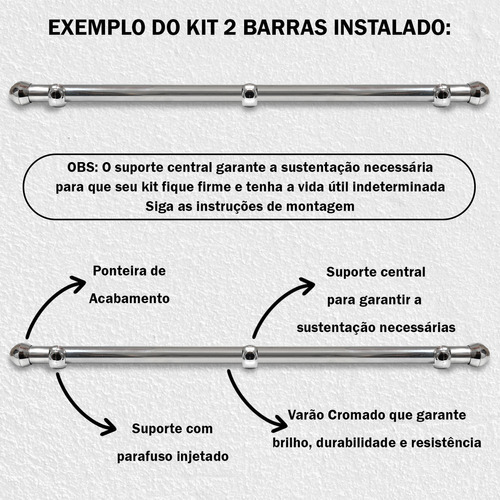 Kit Varão Cortina Simples Grosso 2 Metros Cromado 28mm