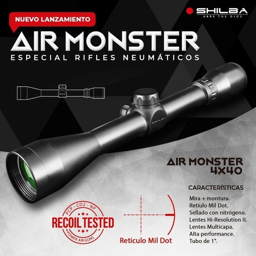 Imagen 2 de 8 de Mira Shilba Air Monster 4 X 40 Mm Mil Dot + Anillas Rifle