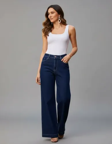 Calça Jeans Feminina Wide Leg Com Elastano Sawary Azul-escuro