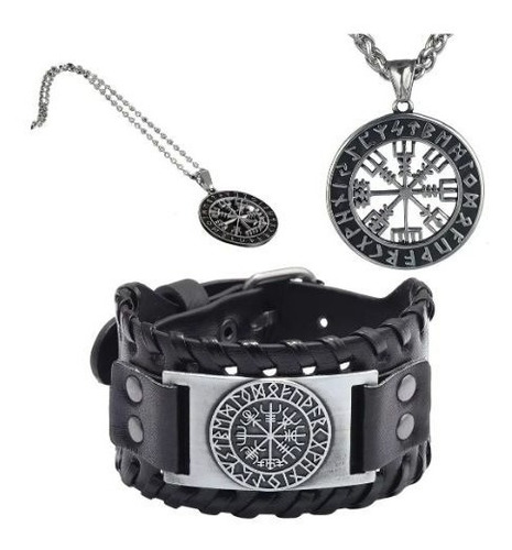 Set Pulsera De Cuero Y Collar Brújula Vegvisir Vikingo Hombr Color Negro/Plata Largo 60 cm