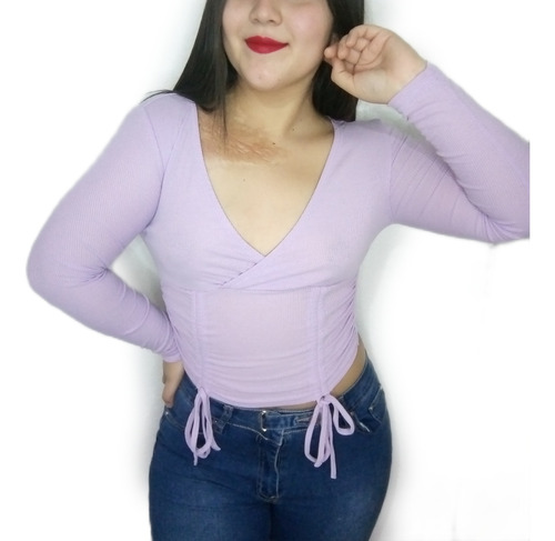 Crop Top Largo Tiras Ajustable Color Lila Morado Manga Larga