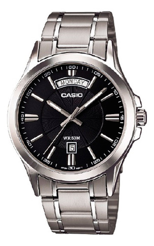 Reloj pulsera Casio MTP-1381D-1AVDF, analógica, para hombre, fondo negro, con correa de acero inoxidable color plateado, bisel color plateado y desplegable