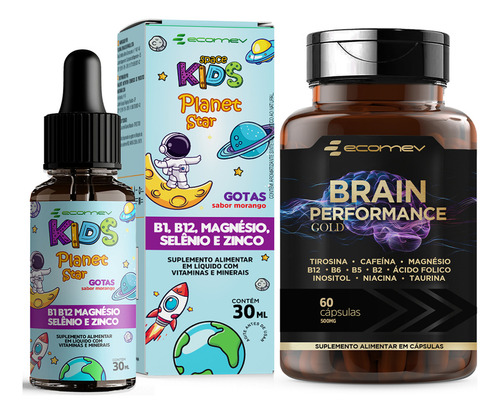 Kit Vitamina Infantil B1 B12 Magnesio Selenio Zinco + Brain Performance Magnesio Cafeina Taurina Inositol Sabor Morango