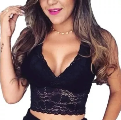 Cropped Top Blusa Sutiã Renda Feminino Alça Grossa Rendado