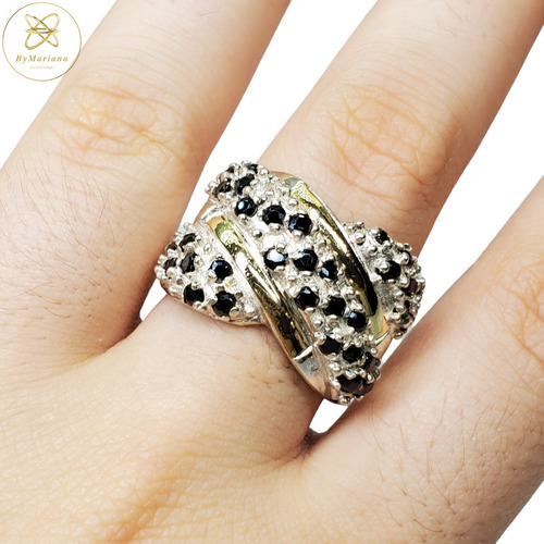 Anillo Plata Y Oro Con Piedras Negras Engarzadas