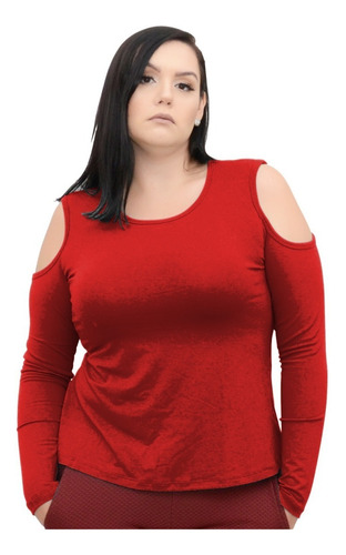 Roupa Feminina Blusa Plus Size Manga Longa Ombro Vazado +56