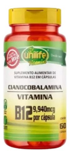 Vitamina B12  Cianocobalamina Unilife 60 Cápsulas 9,940mcg