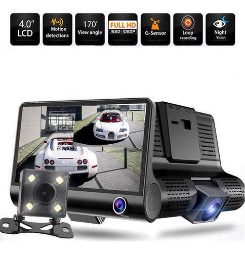 Car Dash Cam Fhd 1080p Com 3 X 4 Polegadas 3 Lentes