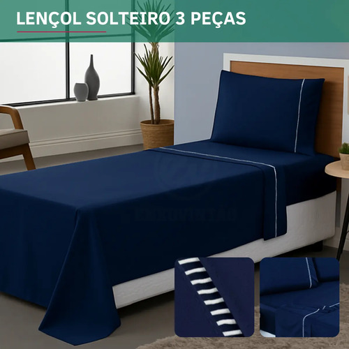 Jogo De Lençol 3 Peças Solteiro Padrão Percal 400 Fios Fronha Ponto Palito Toque Macio Suave Confortável Cor Azul Marinho Premium
