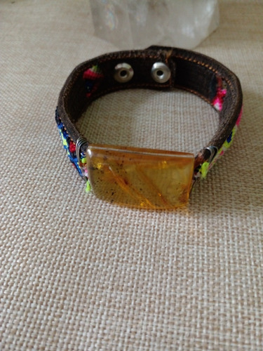 Pulsera Tejida Y Piel Con Piedra De Ámbar Unisex Piel Mod Xo