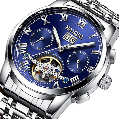 Relojes Mecánicos Haiqin Luxury Tourbillon Color De La Correa Plateado Color Del Fondo Azul