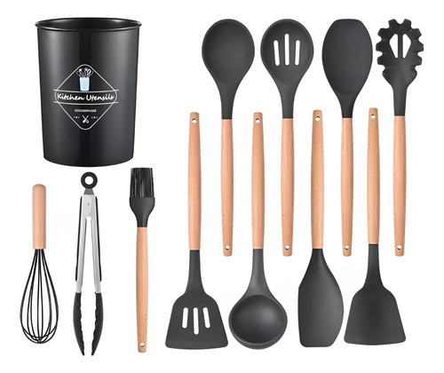 Juego Utensilios De Cocina 11 P C/ Soporte Madera Y Silicona Negro