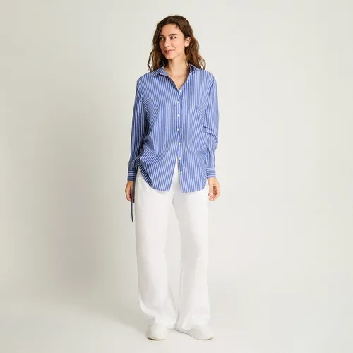 Blusa Manga Larga Rayada Celeste Mujer Moda Hasta Xxl