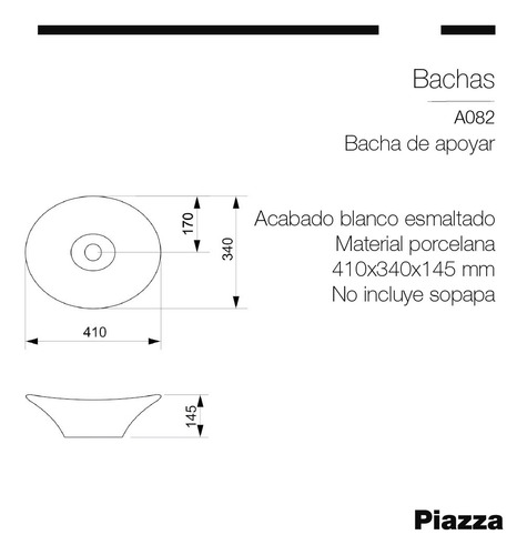 Piazza Bachas A082 - Blanco - Esmaltado - 145 mm - 410 mm