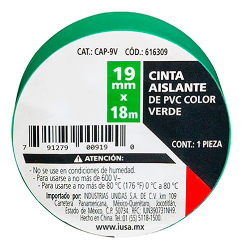 Cinta Aislante 19 Mm X 18 M Verde