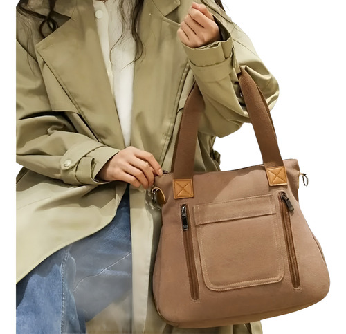 Bolsa Feminina Transversal Ombro Em Lona Youcan Acambamento Dos Ferragens Níquel Cor Marrom Correia De Ombro Bege Desenho Do Tecido Liso