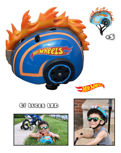 Casco Infantil Bici Protector Hot Wheels Niño +5 C Luces Led