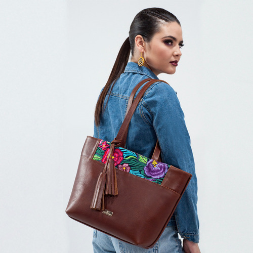 Bolsa De Piel Genuina Con Telar Angelozano-soraya Zinacantan