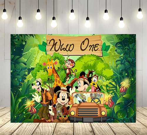 Telon Fondo Verde Salvaje Para Fiesta Mickey Safari 5 X 3