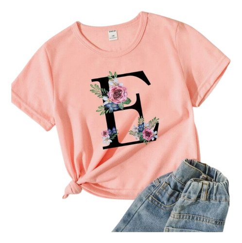 Camiseta De Manga Corta Con Estampado De Letra E Y Flores 