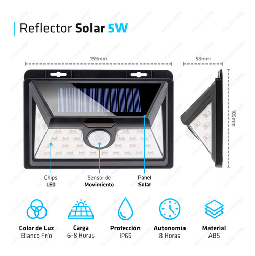 Reflector Solar Con Sensor De Movimiento 5w 8hs Fria Candela