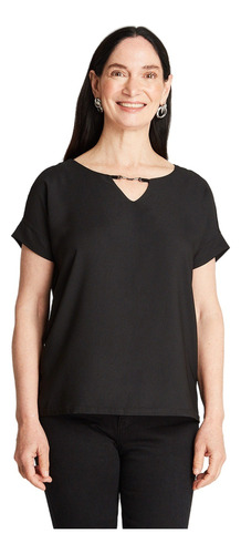 Blusa Frente Satin Detalle En Escote - Negra