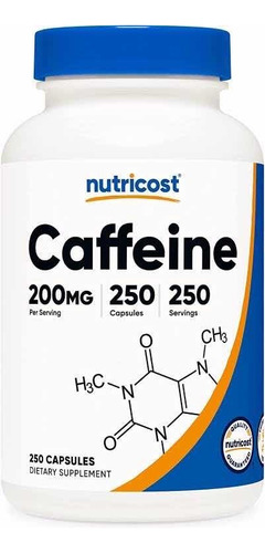 Cafeina Pura 100 Mg Con 250 Capsulas Para 8 Meses Nutricost Sabor Sin Sabor