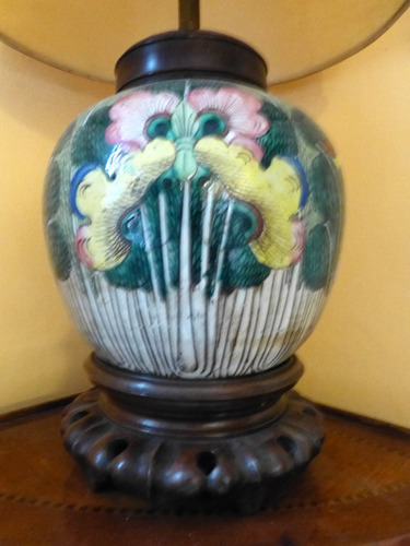 Antigua Lampara China De Porcelana Art Nouveau Peonias