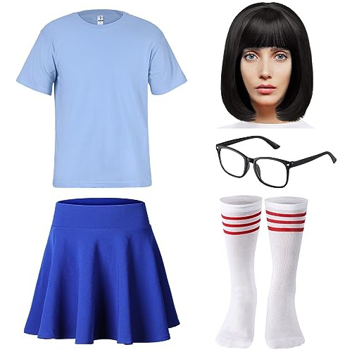 Gafas Nerd Mujer Peluca Negra Camiseta Azul Falda Patinadora Calcetines A Rayas