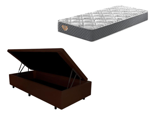Box Baú Marrom Solteiro 88x188 Com Colchão Adapto Ecoflex