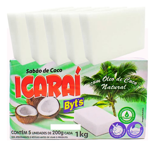 Sabao Em Barra De Coco Óleo Puro 5 Un 200g Cada Icarai 1kg