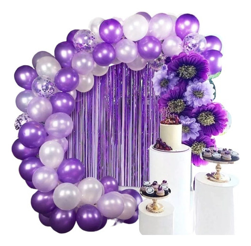 Decoracion Globos Arco Flor Morado Cortina+numero2021