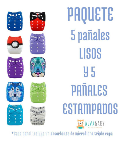 Pañales Ecológicos Alva Baby - 5 Lisos - 5  Estampados