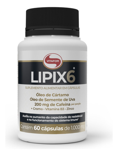 Lipix 6 - 60 Cápsulas - Óleo De Cartamo + Cafeína - Vitafor Sabor Neutro