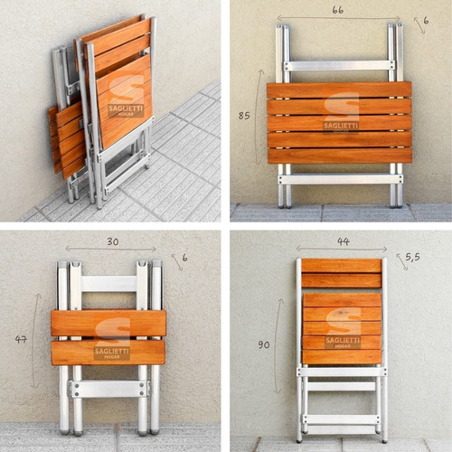 Imagen 5 de 10 de Mesa Plegable Aluminio Madera 75x66 + 2 Sillas + 2 Bancos