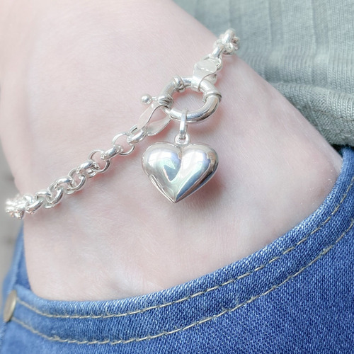 Pulsera Rolo Plata Y Oro Con Dije Corazón Plata 925 (br02)
