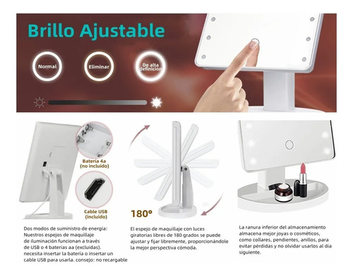 Espejo De Maquillaje Con Luz Led Recargable Usb 3 Niveles