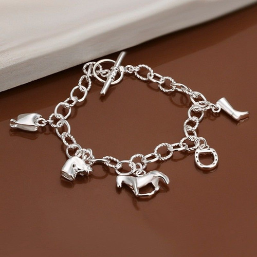 Imagen 4 de 8 de Pulsera Plata 925 Con Dijes Caballo, Herraduras, Bota