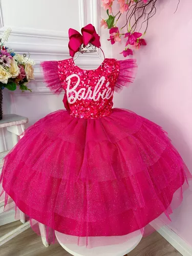 Vestido Infantil Rosa Barbie Peito Strass Glitter Luxo