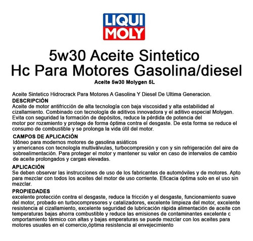 Aceite Liqui Moly 5w30 Molygen Sintético Para Auto Galon 5l