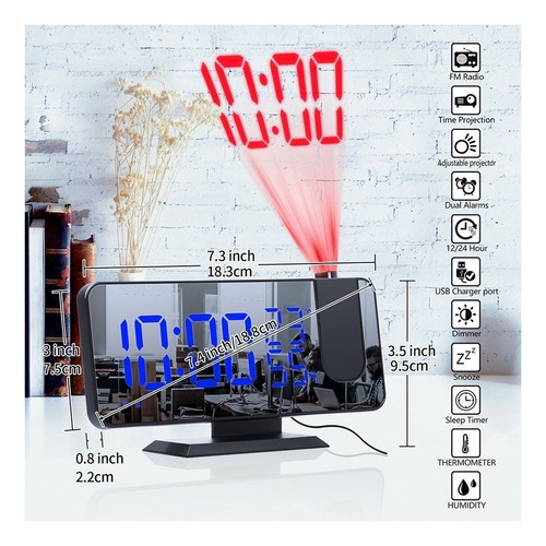 A Led Espejo Despertador Mesa Digital Techo Proyector Alarma