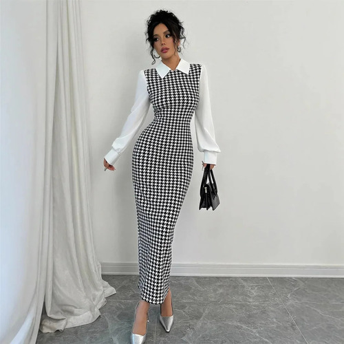 Vestido De Falda Larga Evasé Con Estampado De Pata De Gallo