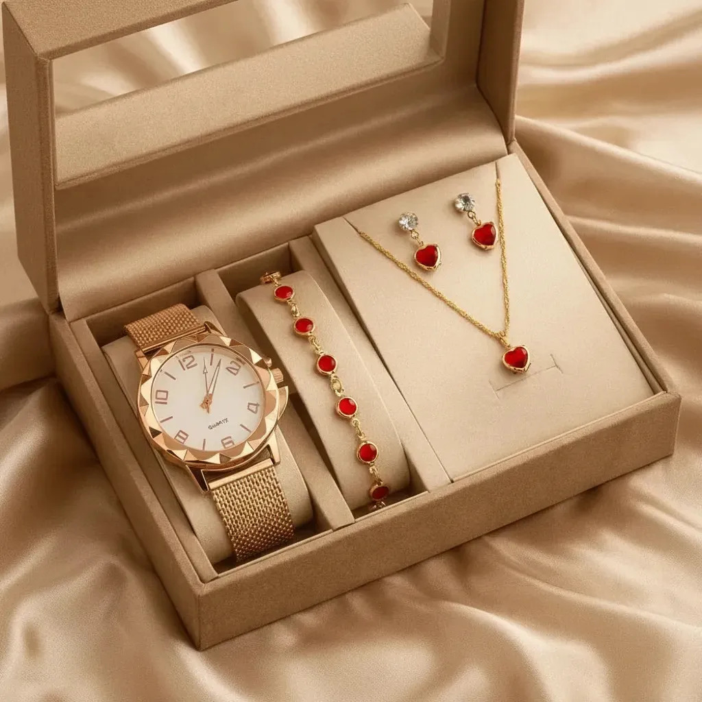 Kit Relógio Feminino Colar Brinco Pulseira Folheado Presente Rose