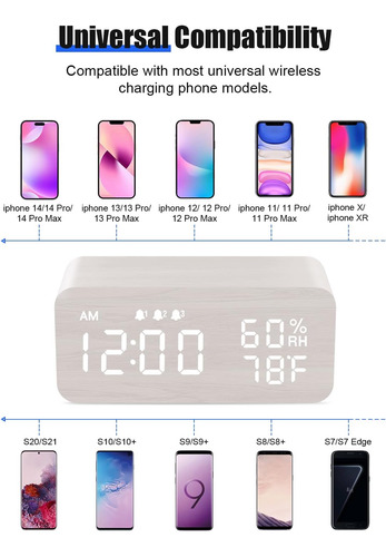 Reloj Despertador Digital De Madera Con Carga Inalámbrica, P