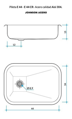 Pileta Bacha Cocina Simple Johnson E44 Acero Inox 44x34x15