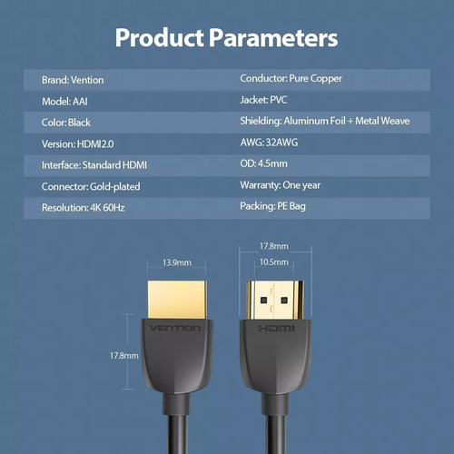 Cable Hdmi 2.0 4k Portatil Vention/ Hdmi Macho - Hdmi Macho